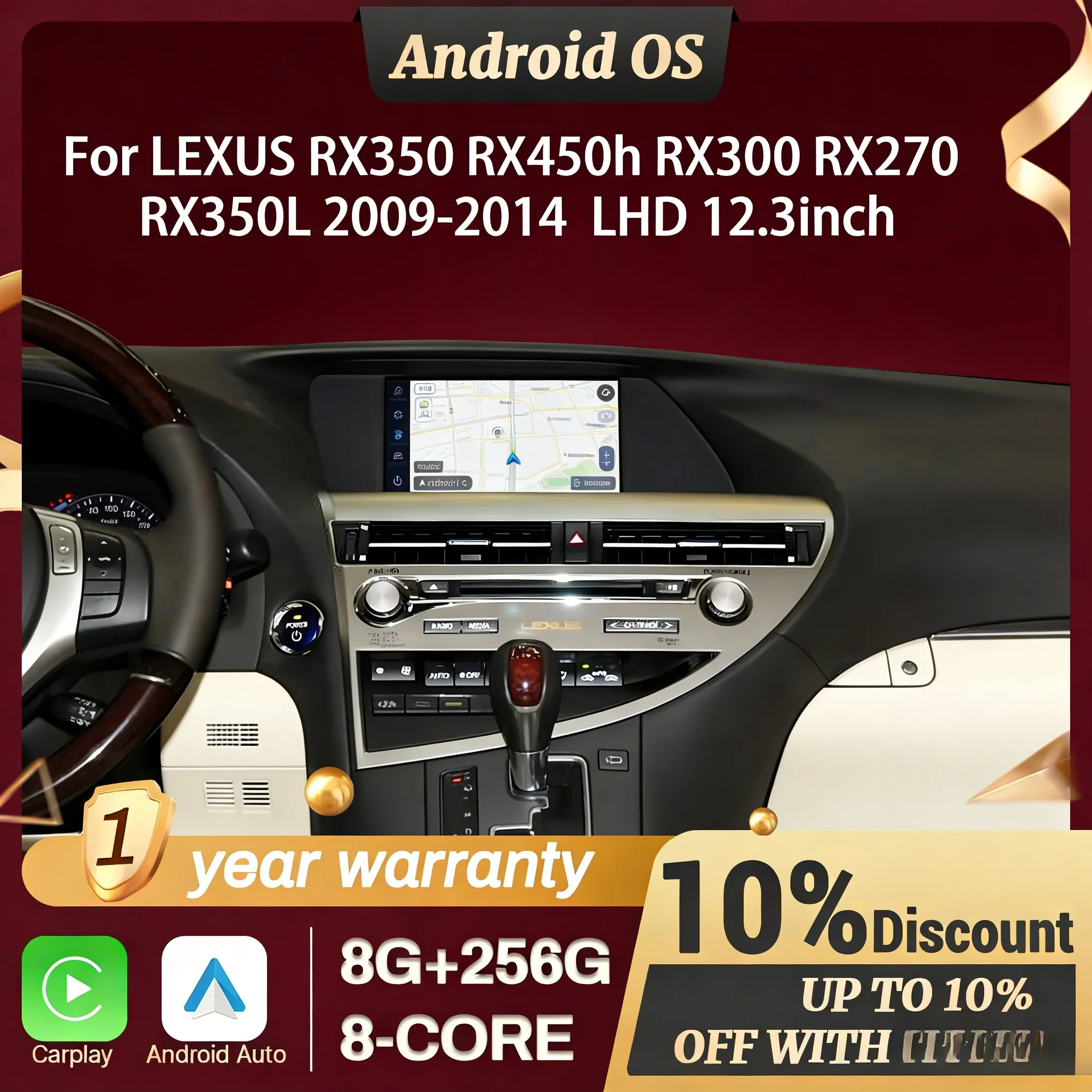 LHD For LEXUS RX350 RX450h RX300 RX270 RX350L 2009-2014 12.3inch Car Radio Wireless CarPlay Multimedia Snapdragon 685 Screen