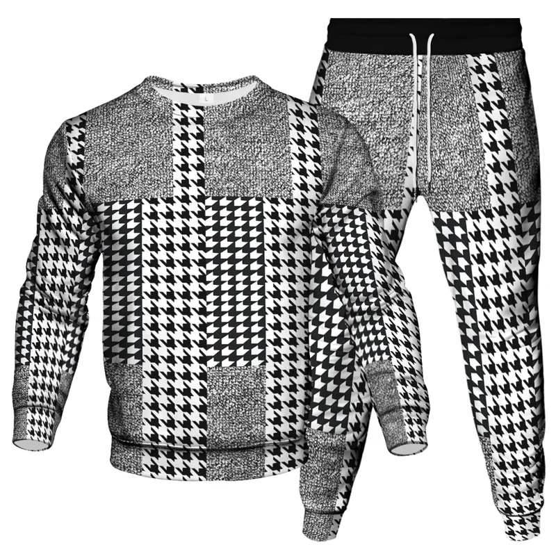 Men Vintage Style Tracksuit Geometric Houndstooth 3D Pattern Printed Clothes Sweatshirt Pants 2Pcs Women Outdoor Casual Set