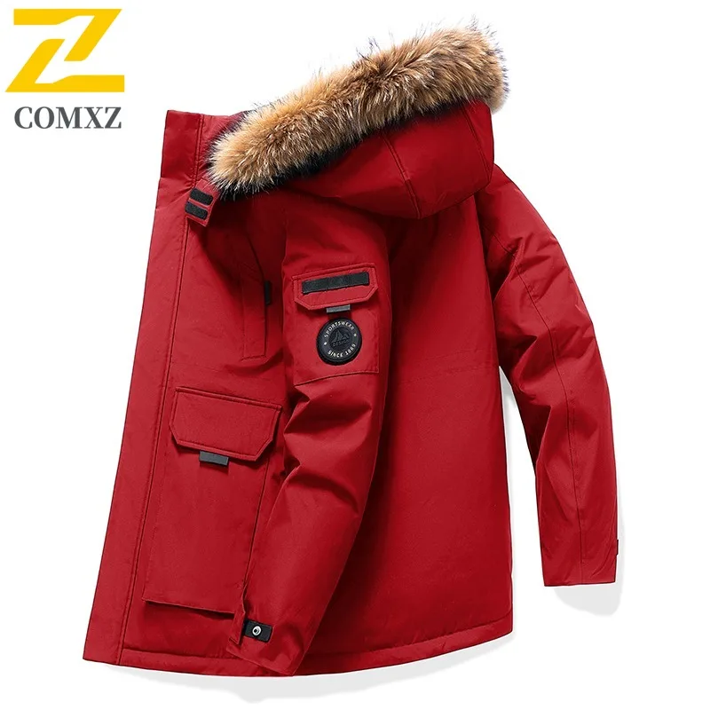 COMXZ Winter Down Jacket Men Women Ski Puffer Coat New Thick Fluffy Fur Collar White Duck Down Warm Coats Trendy Windproof Parka