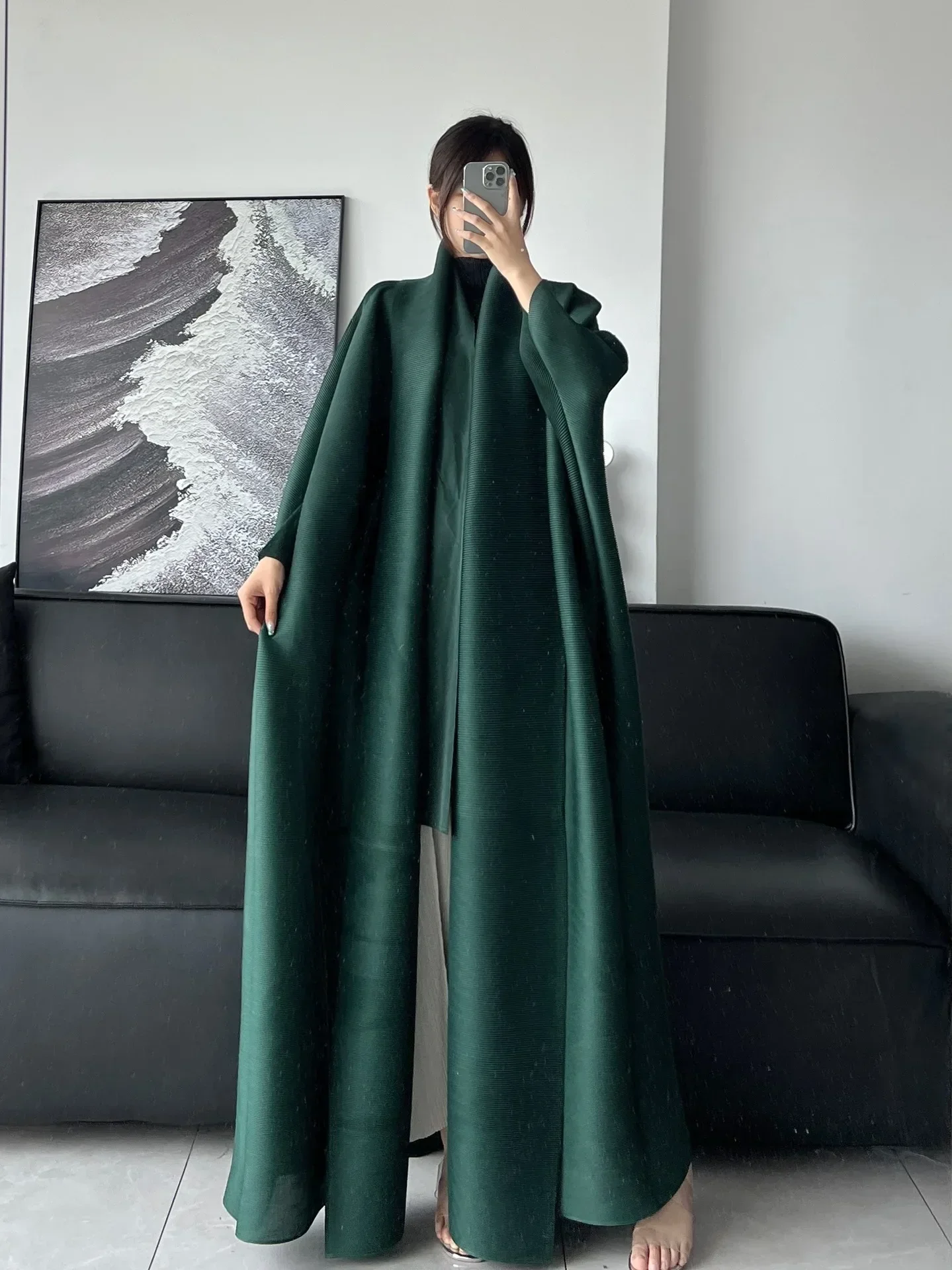 Pleats Robe Pleated Hundred Solid Color 2024 Summer Light Luxury Coat Coat Bat Sleeve Scarf Long Outer Cloak Long Robe Clothing