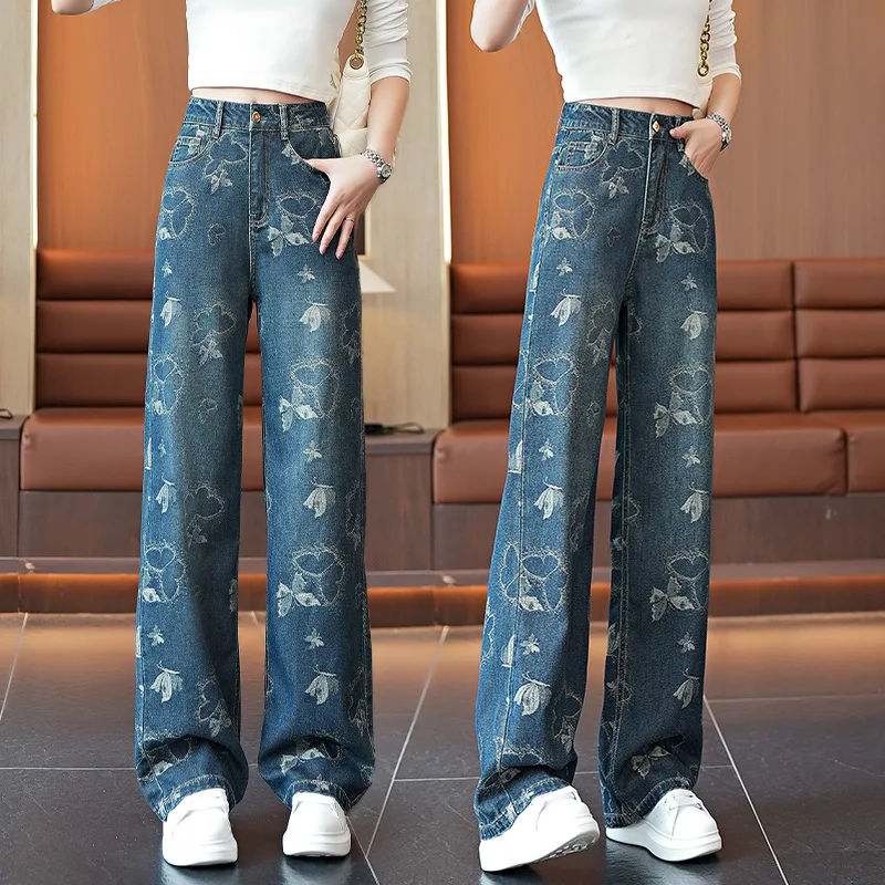 Damskie spodnie jeansowe z wysokim stanem i szerokimi nogawkami, jesienne, nowy amerykański styl, wąskie szerokie nogawki, żakardowe spodnie jeansowe w motyle, proste spodnie dżinsowe.