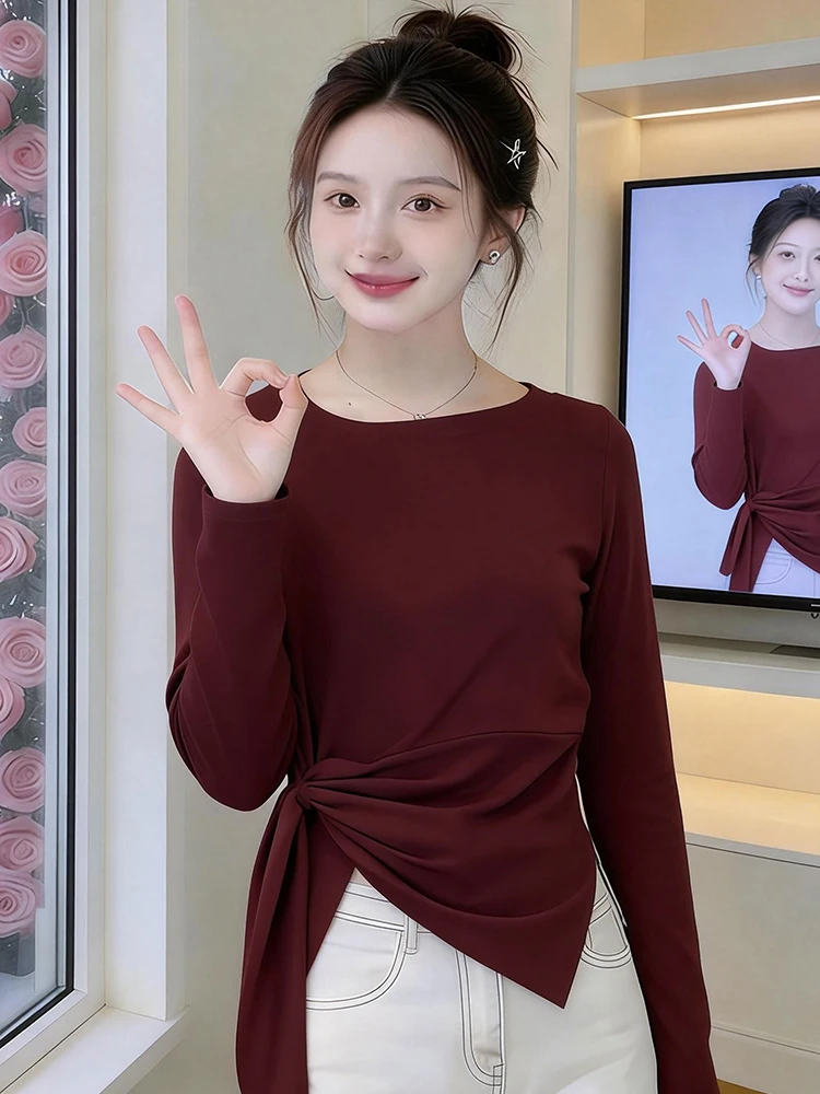 

Женский приталенный топ с высокой талией и асимметричным дизайном, весна-осень, новинка, маленький размер, модный повседневный стиль, с длинными рукавами