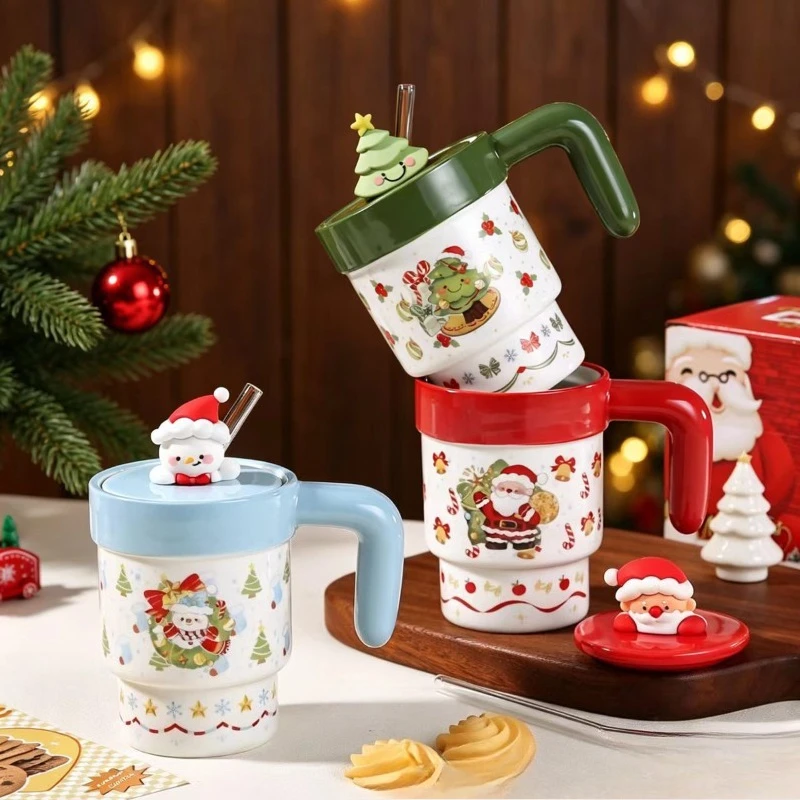 Santa Claus Snowman Ceramic Coffee Mug with Lid Exquisite Afternoon Tea Flower Tea Coffee Cup Household Breakfast Milk Mug Gifts