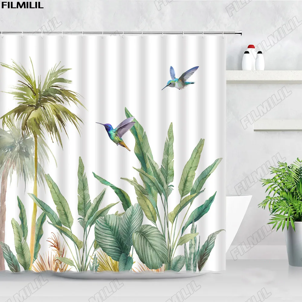 Rideaux de douche en tissu d'art aquarelle moderne, plantes tropicales, cuir chevelu de palmier, feuilles vertes, colibri, ensembles de rideau de bain HODecor