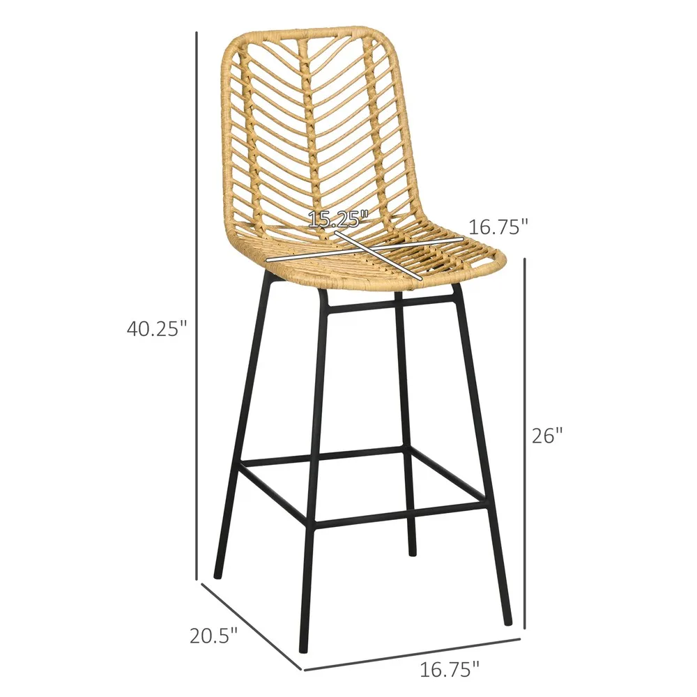 Bar Stools Rattan Counter Stools with Footrest Yellow Set of 2