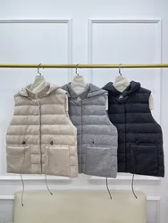 Women's Hooded Goose Down Vest Jacket Autumn Winter  Waist Drawstring Sleeveless Waistcoat