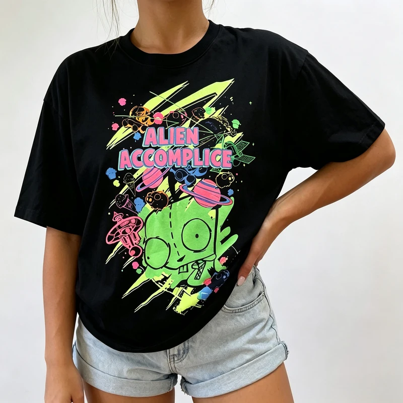 Retro Cartoon Invader Zim Gir Alien Accomplice Print T‑Shirt Cosmic Graphic Short Sleeve Cotton Tee Unisex Street Y2k Top