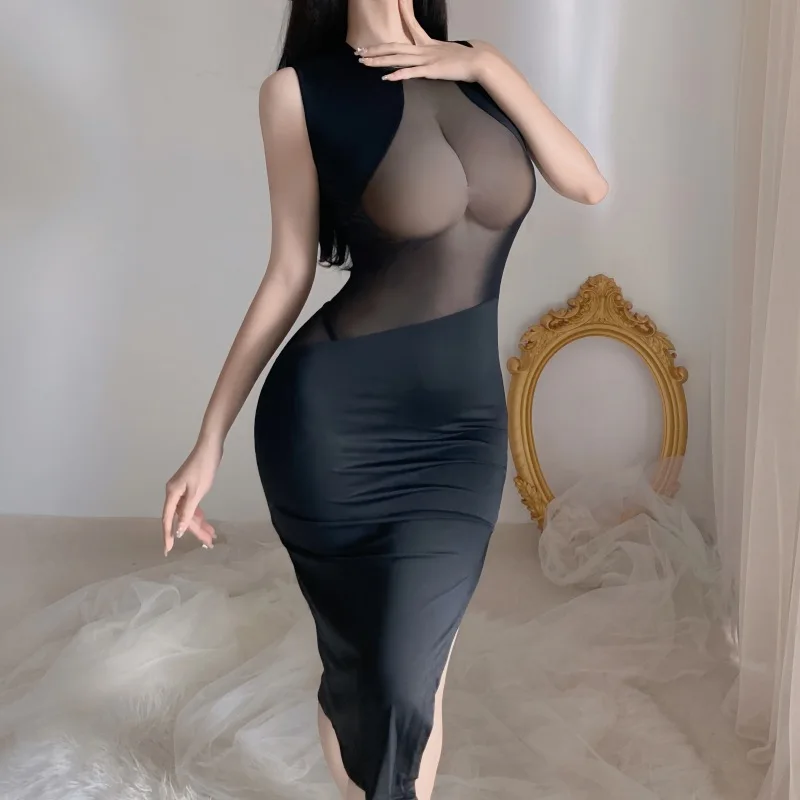 โปร่งใสเซ็กซี่ยาวเย้ายวนชุดเร้าอารมณ์ชุดชั้นในผู้หญิงรอบคอร้อนภรรยาไนท์คลับชุดสีดําขายส่ง