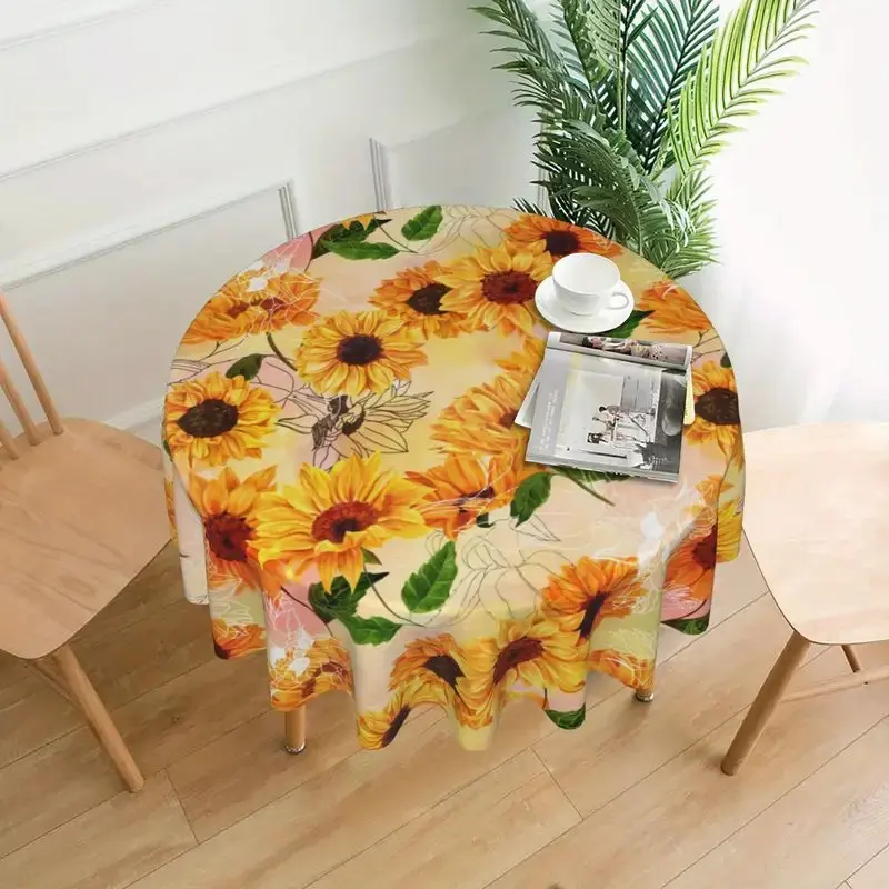 1PC Sunflower Round Tablecloths, Summer Style Vintage Bohemian Table Cover, Stain Resistant And Waterproof, Wrinkle Resistant Ta