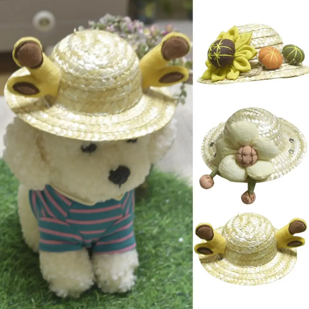 Pet Cap  Long-lasting   Pet Grass Hat Lovely Woven  Flower Animal Cosplay Cap