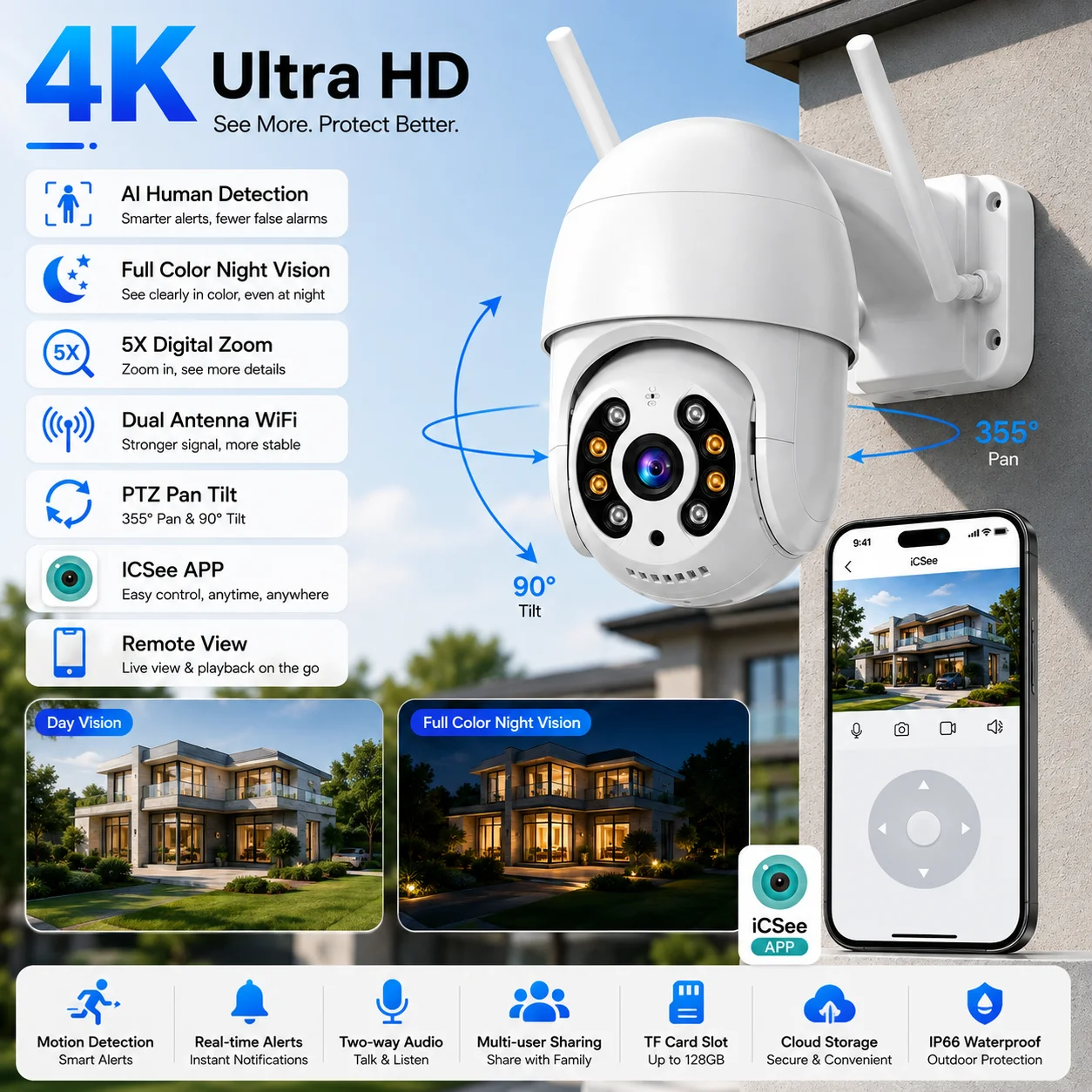 8MP 4K Outdoor PTZ Security Camera WiFi IP Camera AI Auto Tracking Color Night Vision CCTV Camera iCSee