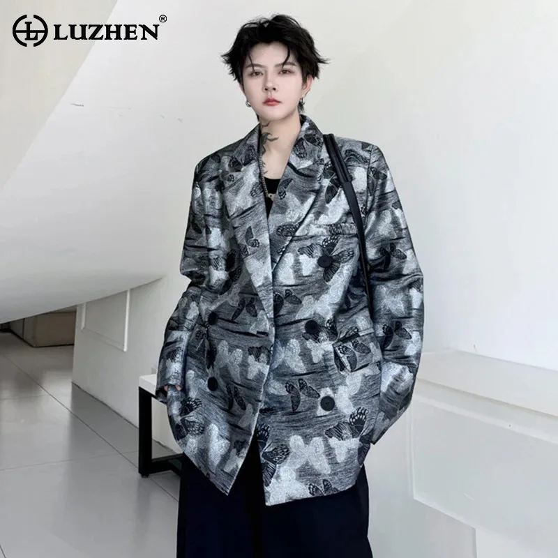 LUZHEN Butterfly Gray Suit Jacket Men's Double Breasted Design Trendy Handsome Slim Original Autumn Luxury Blazer Coats LZ5259