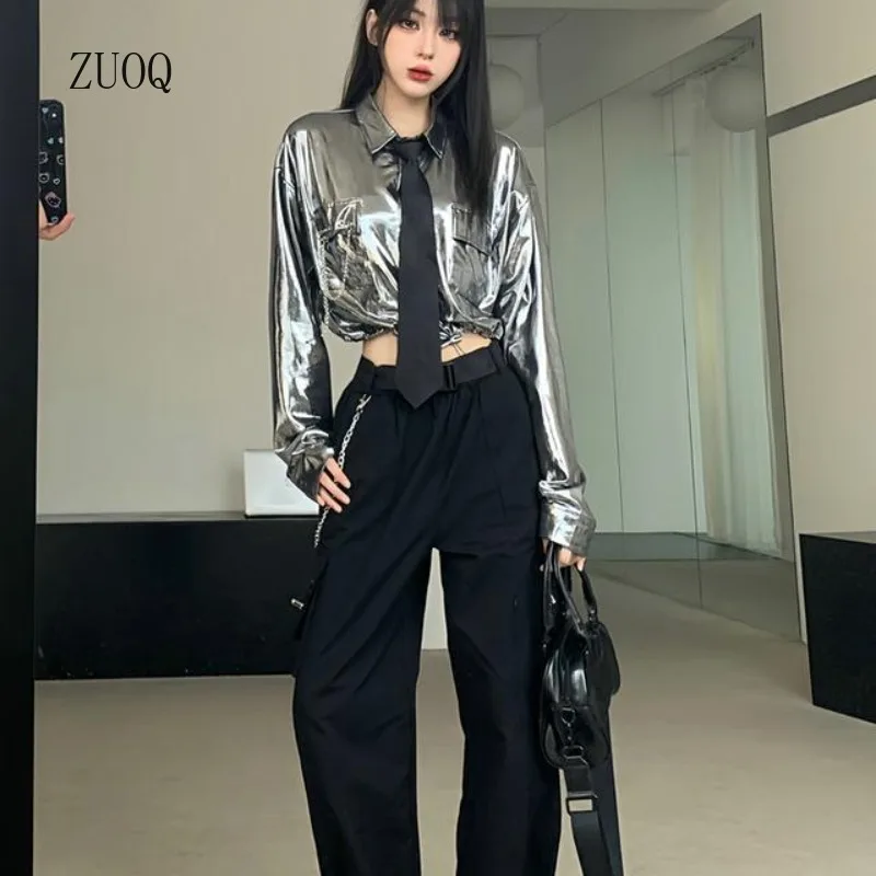

Серебряная верхняя одежда 2025 года, рубашка, женские топы + брюки-карго, модные комплекты брюк, крутой наряд для девочек для женщин