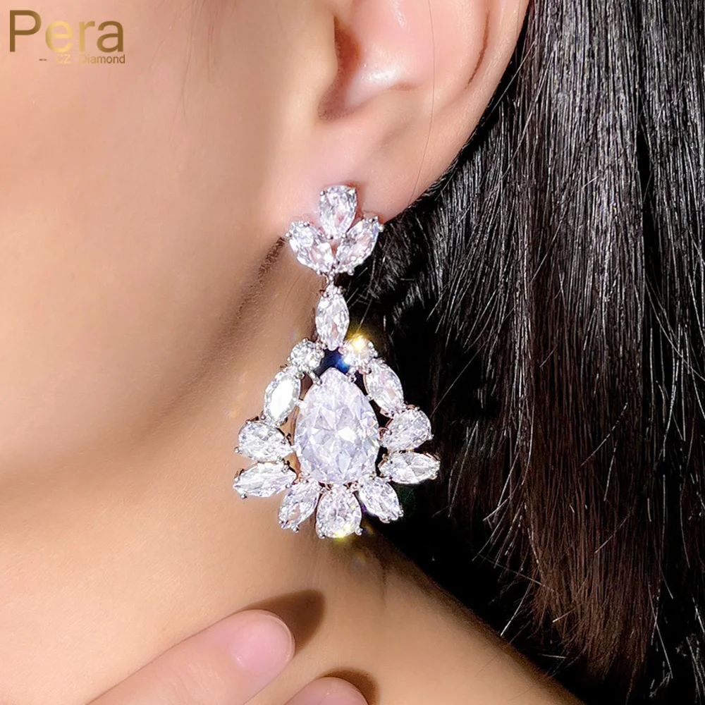 

Pera Excellent Quality CZ Stone Pave Long Big Hollow Waterdrop Silver Color Dangle Earring for Ladies Dinner Party Jewelry E042