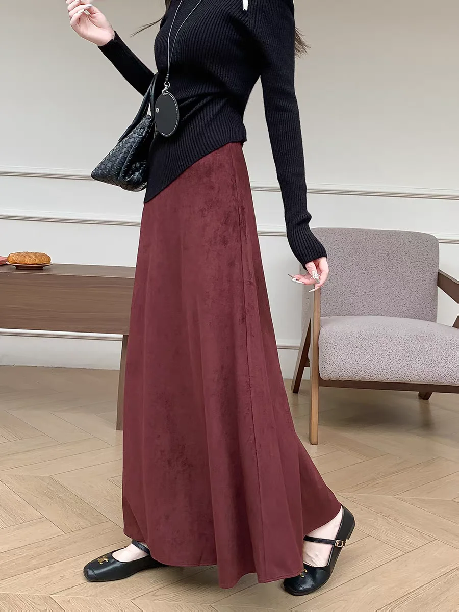 Effortless Elegance: 2025 Faux Suede High Waist A-Line Skirt Women Flowy Maxi Length Skirt with Flared Hem