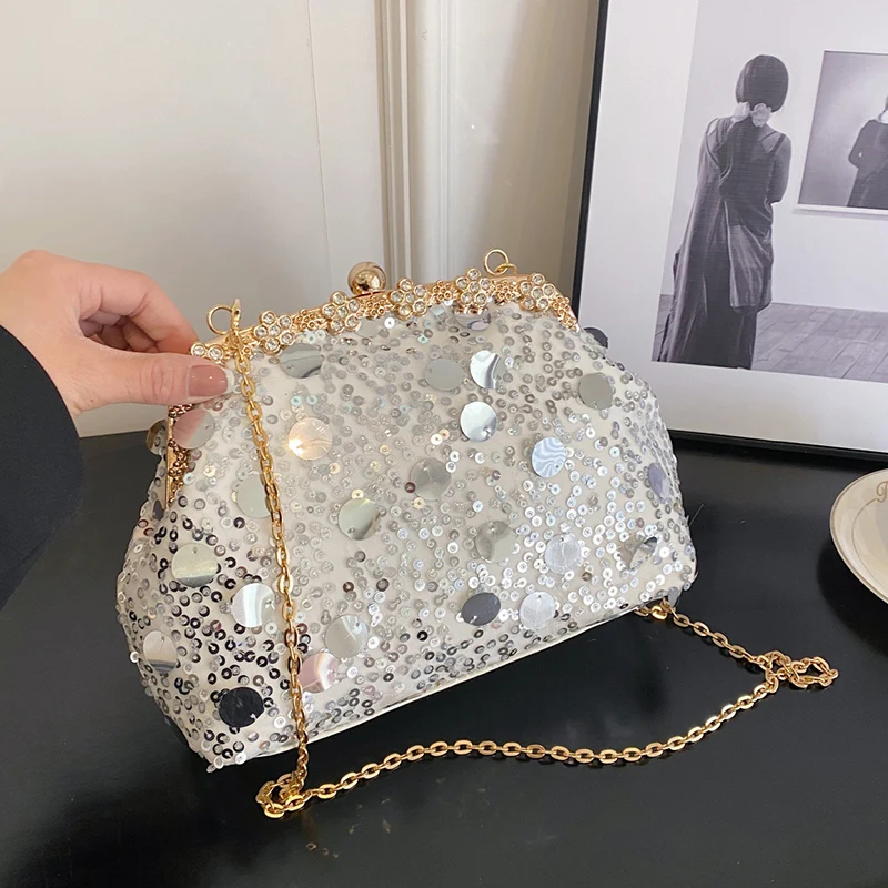 INS Designer Women Sequin Clip Shell Chain Shoulder Bags Wedding Party Clutch Purses And Handbags Glitter Crystal Messenger Bags