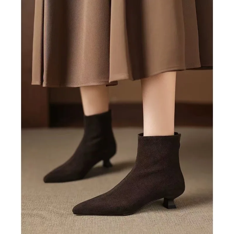 Booties Fall 2025 New Skinny Boots Pointed Toe Stiletto Heel French Pointed Toe Scrub Leather Boots for Women