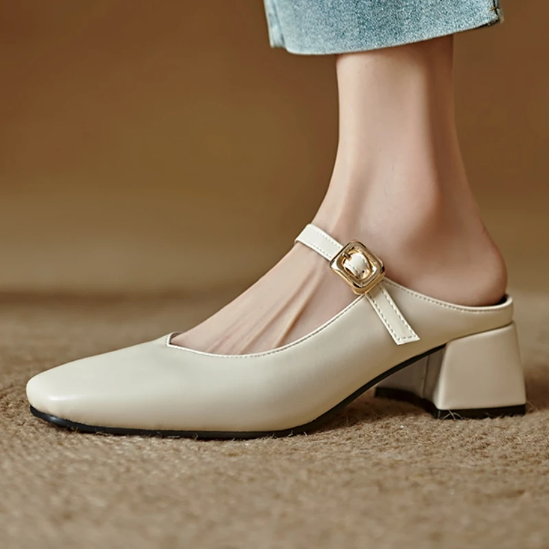 

Elegant Women's Slippers Block Low Heels Summer Mules Shoes Ladies Brand Designer Close Toe Silver Beige Sandals Large Size 45