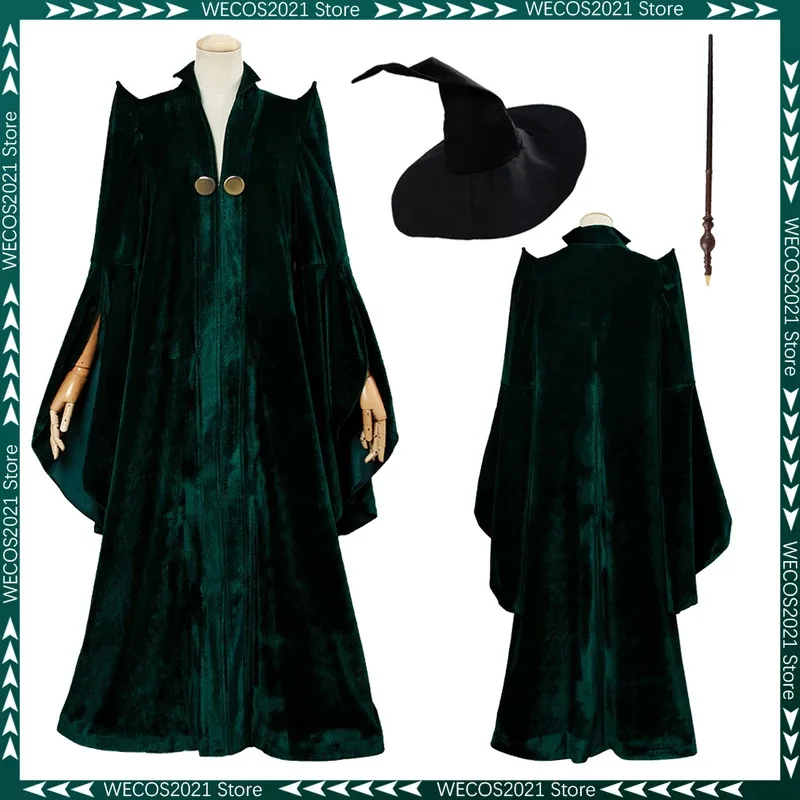 

Female Witch McGonagall Cosplay Fantasy Robe Wand Hat Magic Movie Costume Disguise Adult Women Ladies Fantasia Outfits