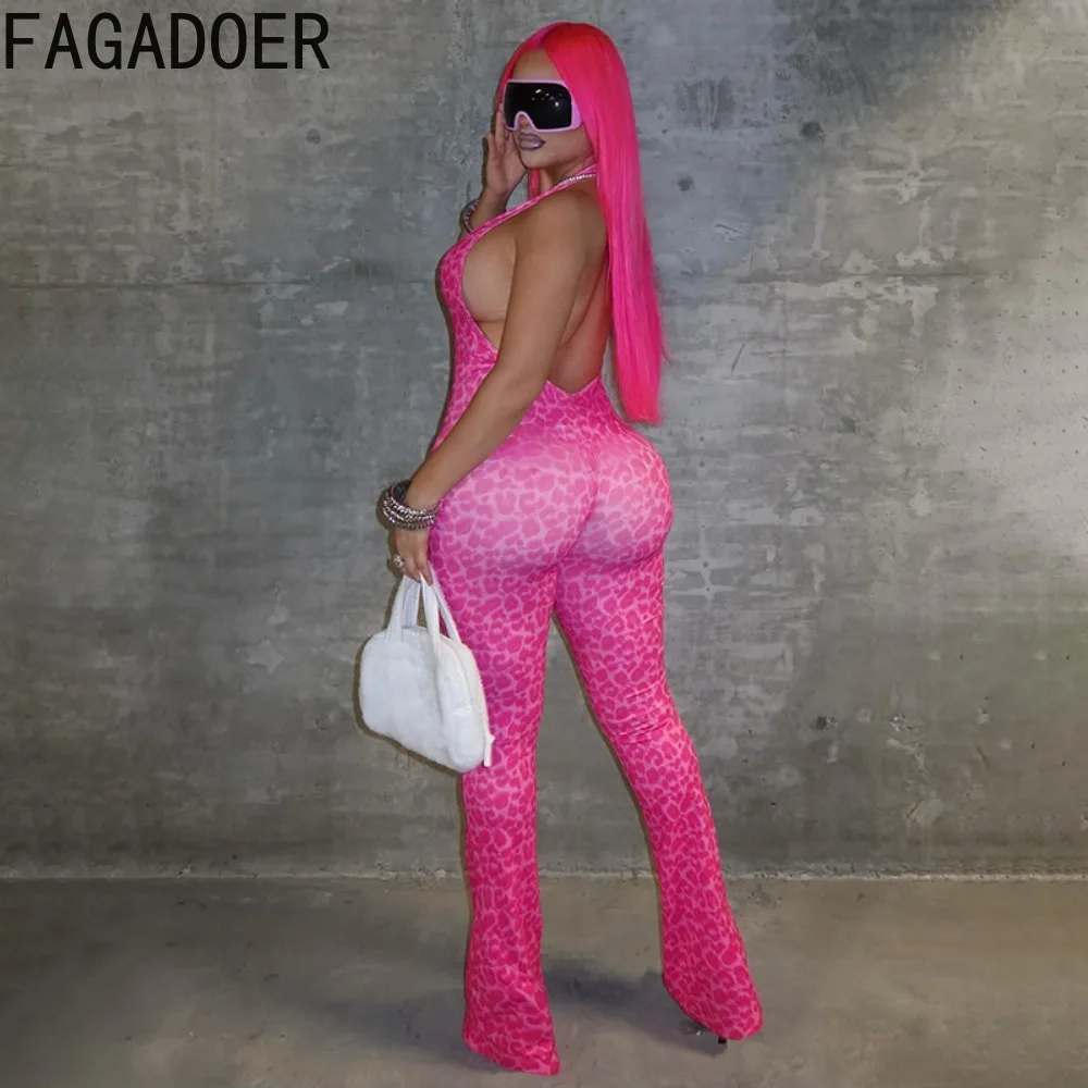 FAGADOER Sexy Leopard Print Patchwork Bodycon Jumpsuits Woman Halter Deep V-neck Sleeveless Rompers Female Streetwear Overalls