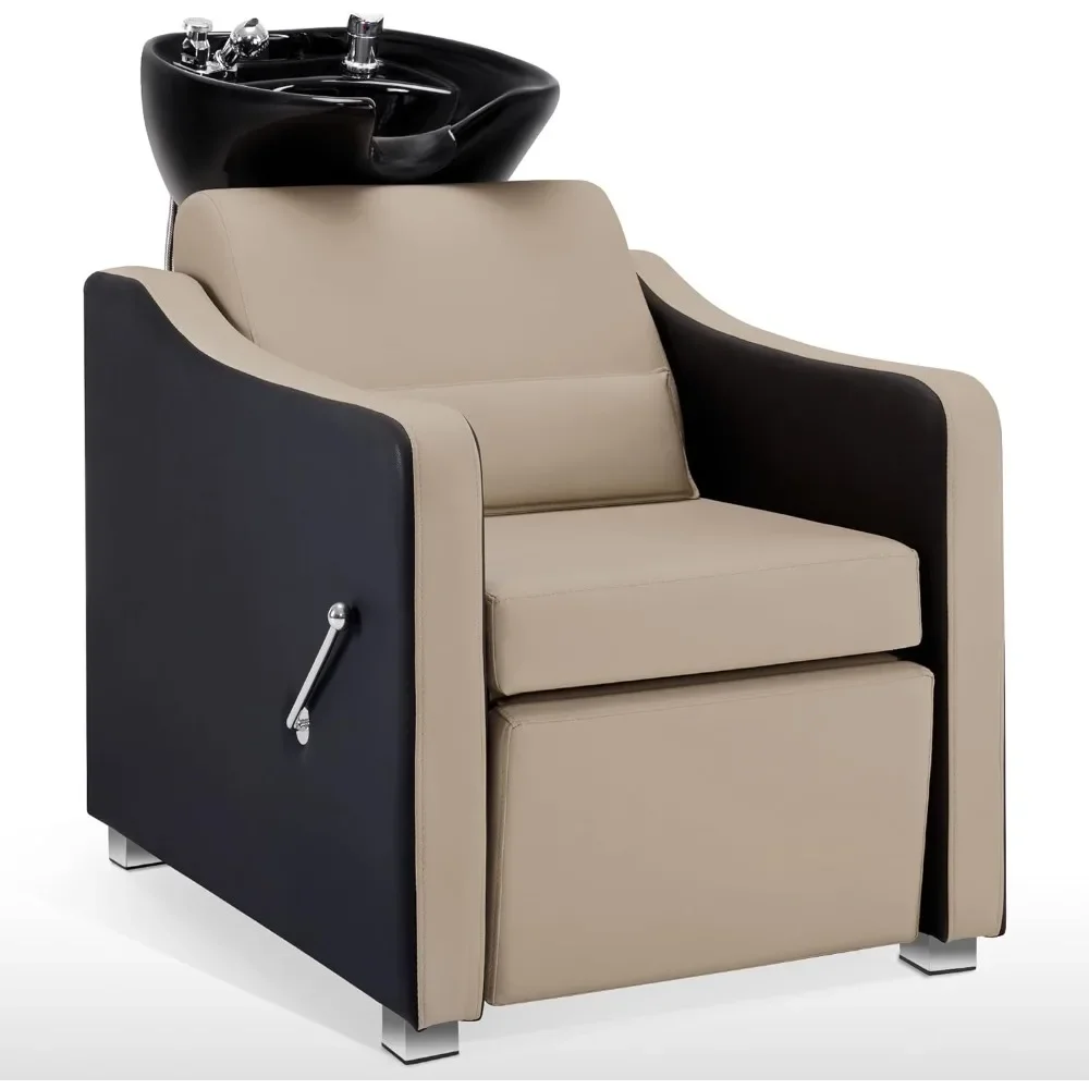 Backwash Shampoo Station Chair, Adjustable Porcelain Ceramic Hair Wash Bowl with Chair, Shampoo Station for Barber Shop