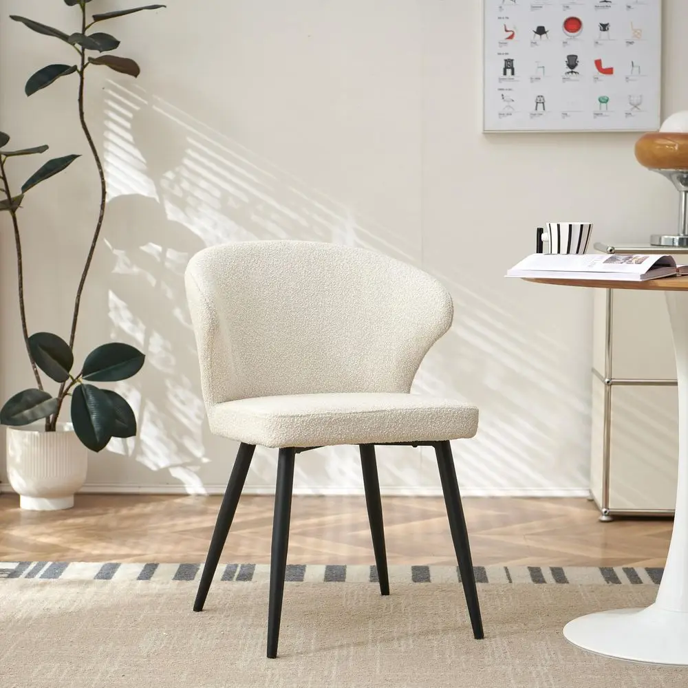 White Dining Chairs Set of 1, Modern Living Room Armchairs with Curved Backrest and Sturdy Metal Legs, Luxury Accent Chairs Din