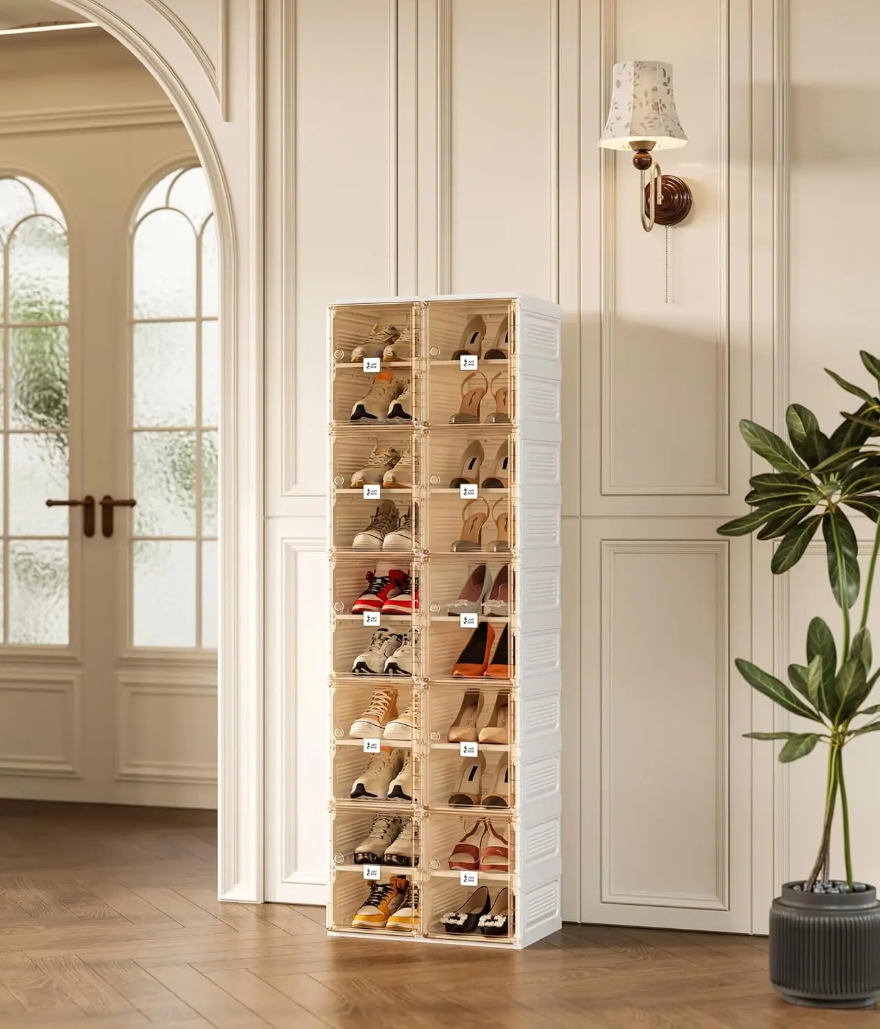 رف أحذية محمول قابل للطي للخزانة مع باب مغناطيسي شفاف، صناديق خزانة رياضية كبيرة، قوية وسهلة التجميع