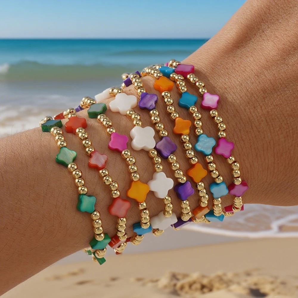 

1PC Colorful Clover Beaded Bracelet for Women Elastic Stretch Lucky Charm Gold Tone Beads Handmade Jewelry Gift Boho Style