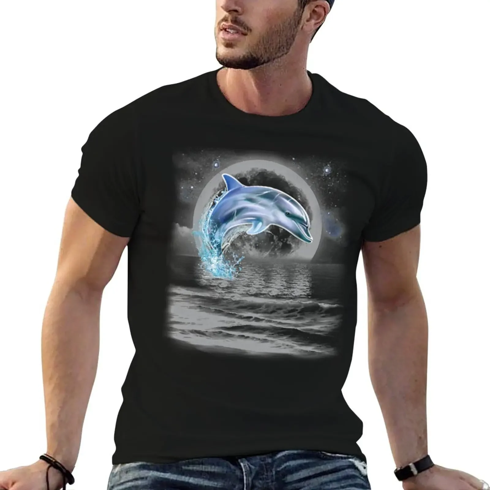 

Dolphin Dancing in Moonlight T-Shirt korean fashion animal prinfor boys blacks Short sleeve tee men