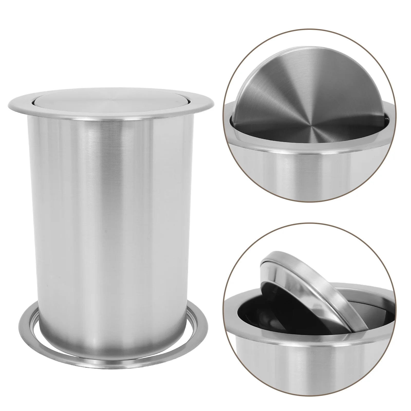 

Embedded Trash Can Round Silver Stainless Steel Drop-in Lid Countertop Built-in Garbage Chute Kitchen Office Restaurant Hotel