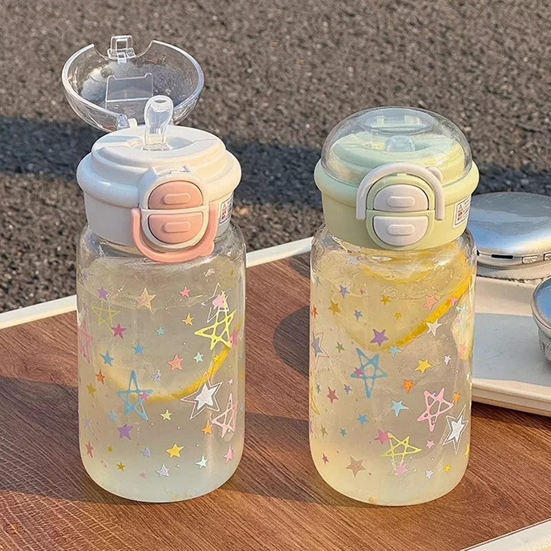

600ML Plastic Water Bottle Cartoon Children's Double Drinking Straw Water Cups Portable Shoulder Straps Girl Kindergarten Cups