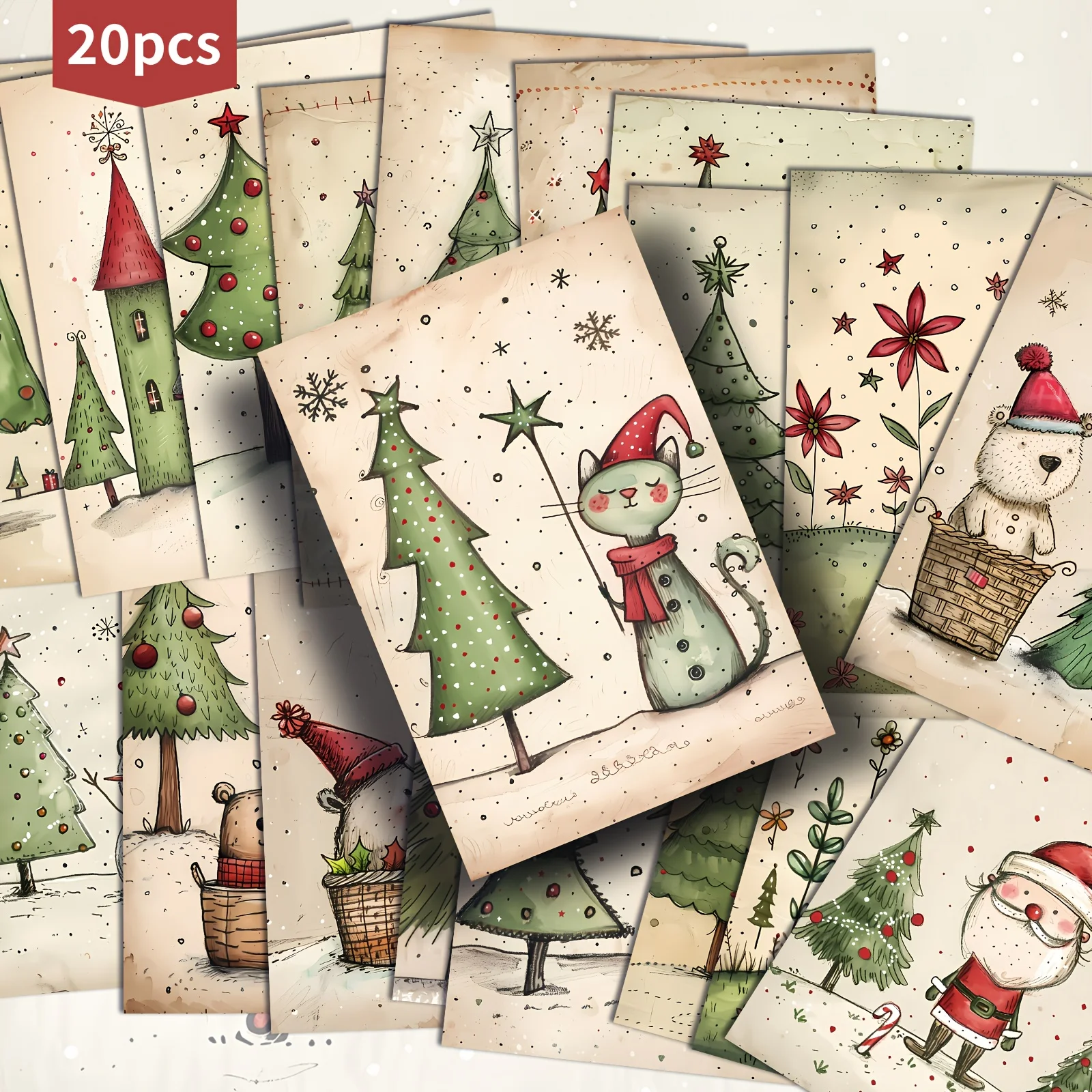 20 Stück Vintage-Weihnachtspapier-Postkarten, Weihnachten, Junk-Journal, Papier, klassische Pinup-Illustrationen, Malkarten, Party-Dekoration