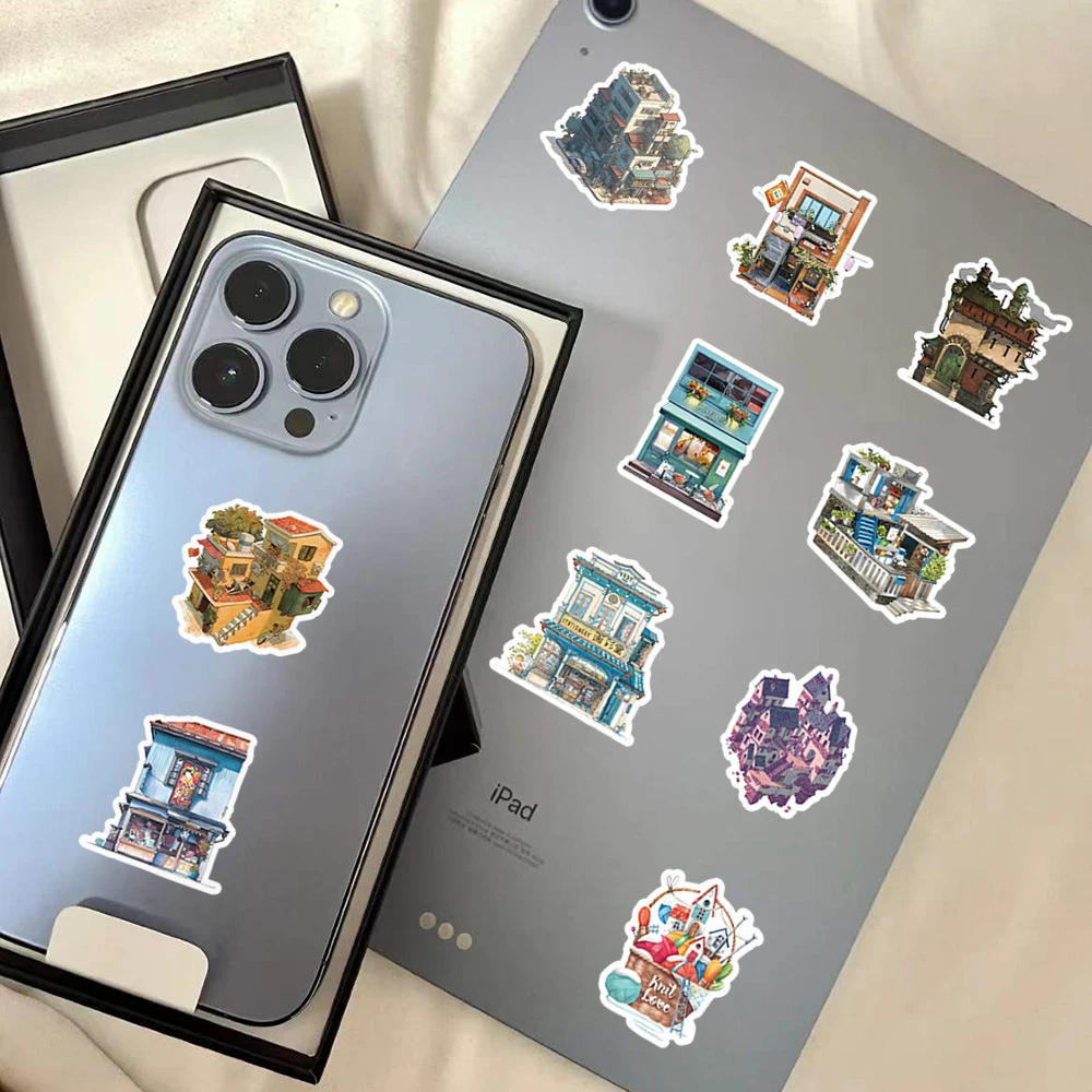 10/30/60pcs Retro Cartoon Store Building Stickers Waterproof DIY Laptop Phone Water Bottle Anime Style Graffiti Decals Toy Gift