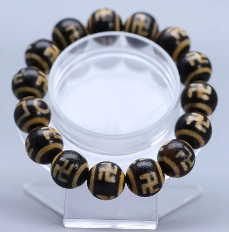 14mm Nature Tibetan Dzi Bead Bangle Bracelet Magical Vein Beads Amulet Lucky Wealth Masont Agate Case