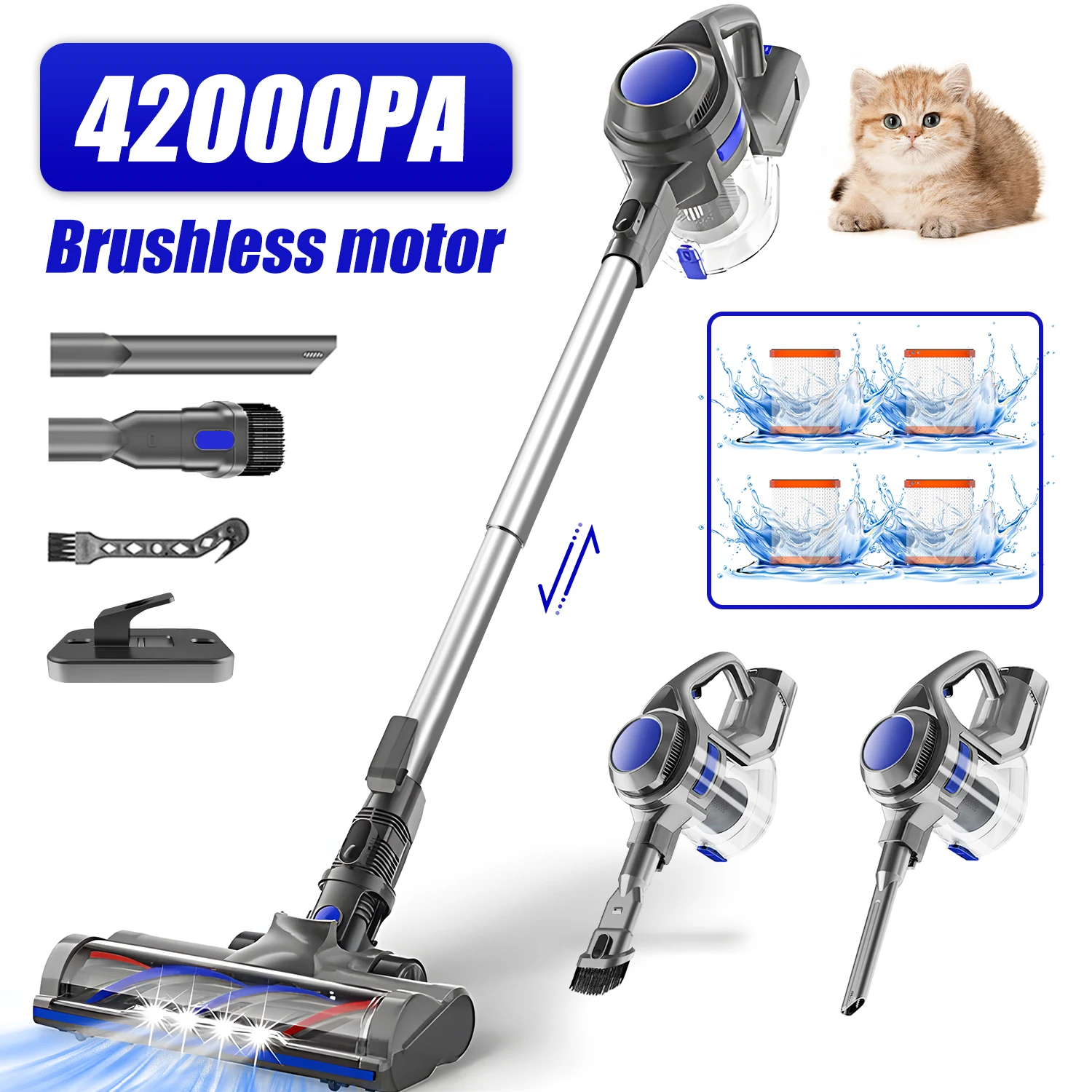 Blauer Akku-Staubsauger – 42000 Pa Saugleistung, 500 W, 55 Minuten Laufzeit, 5-in-1-Vielseitigkeit,