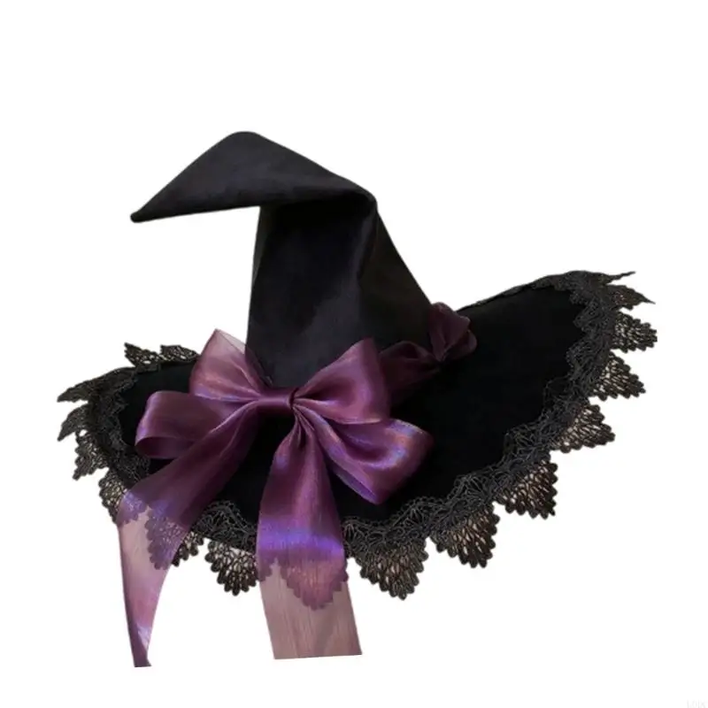 Pointed Halloween Hat for Costume Styling, Lace-Edge Wizard Headpiece with Oversized Ribbon Accent for Party Looks Y166