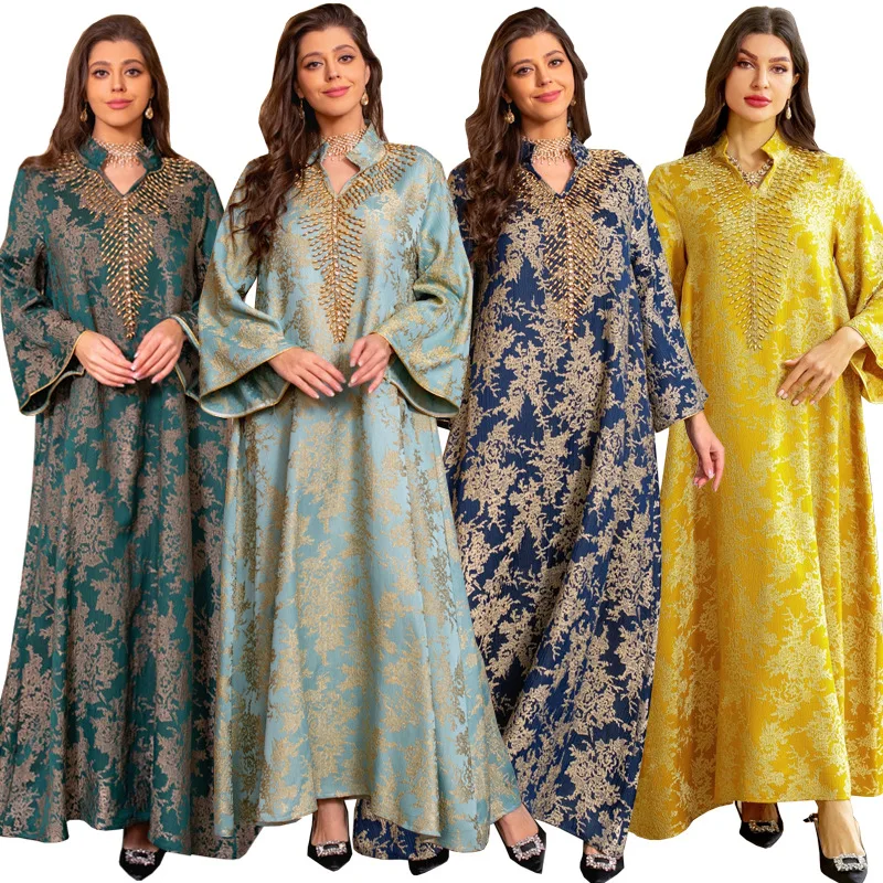 มุสลิมชุดราตรี Jacquard ปักชุดลูกปัดแฟชั่น Kaftan อาหรับดูไบครึ่งเปิดยืนคอ Robe