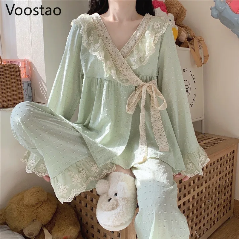 Spring Autumn Sweet Lolita Princess Pajama Set Women Vintage Palace Style Lace Ruffles Lounge Home Wear Girly Casual Sleepwear