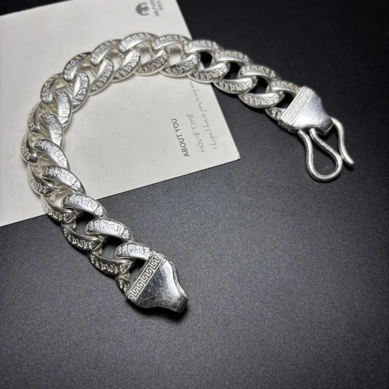 Retro Tibetan Silver Plated Mantra Bracelet, Hand Carved Punk Extra Long Wristband, Exquisite Jewelry Gift for Men & Women