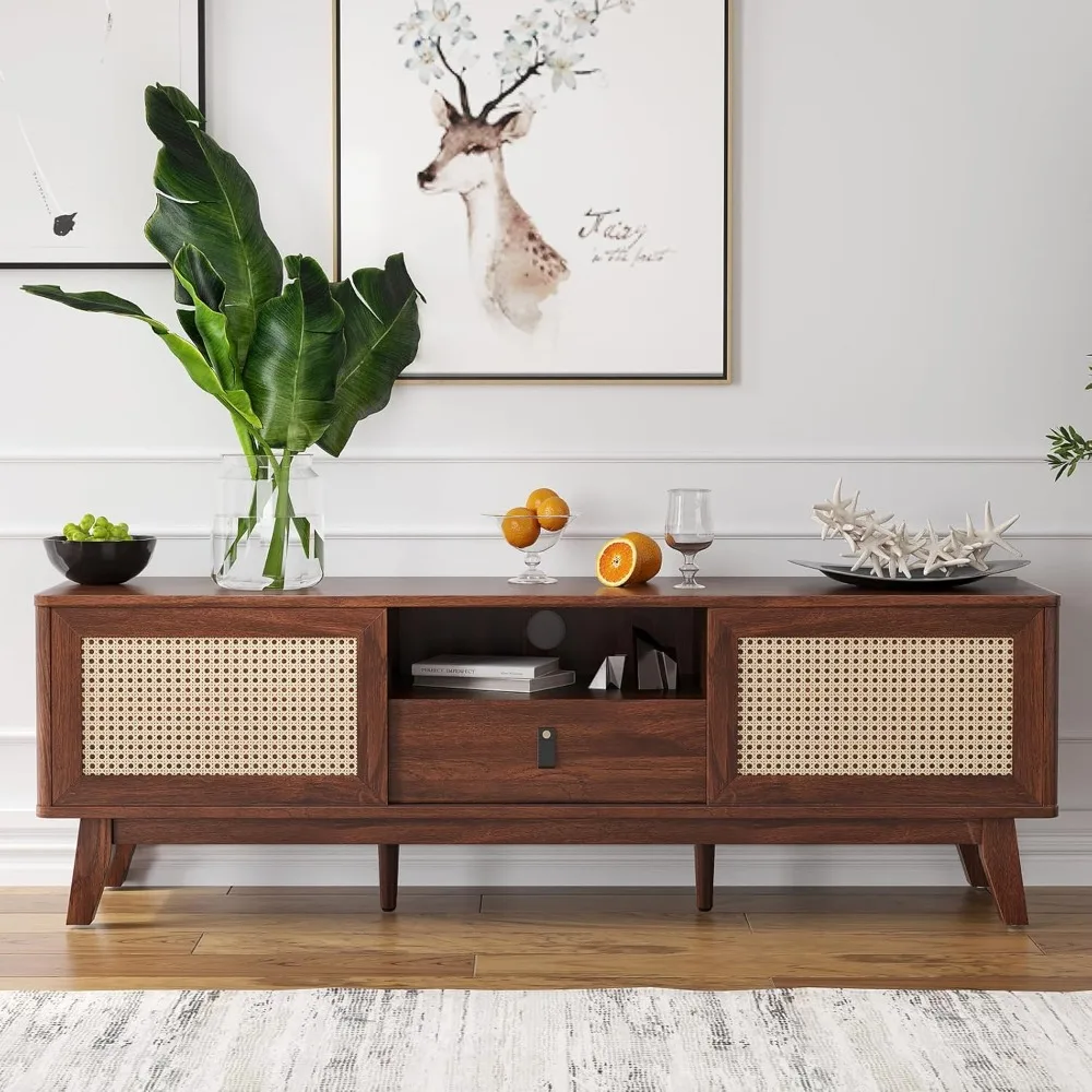 

Rattan TV Stand for TVs, Wood TV Stand Mid Century Modern Console with Drawer and 2 Cabinets