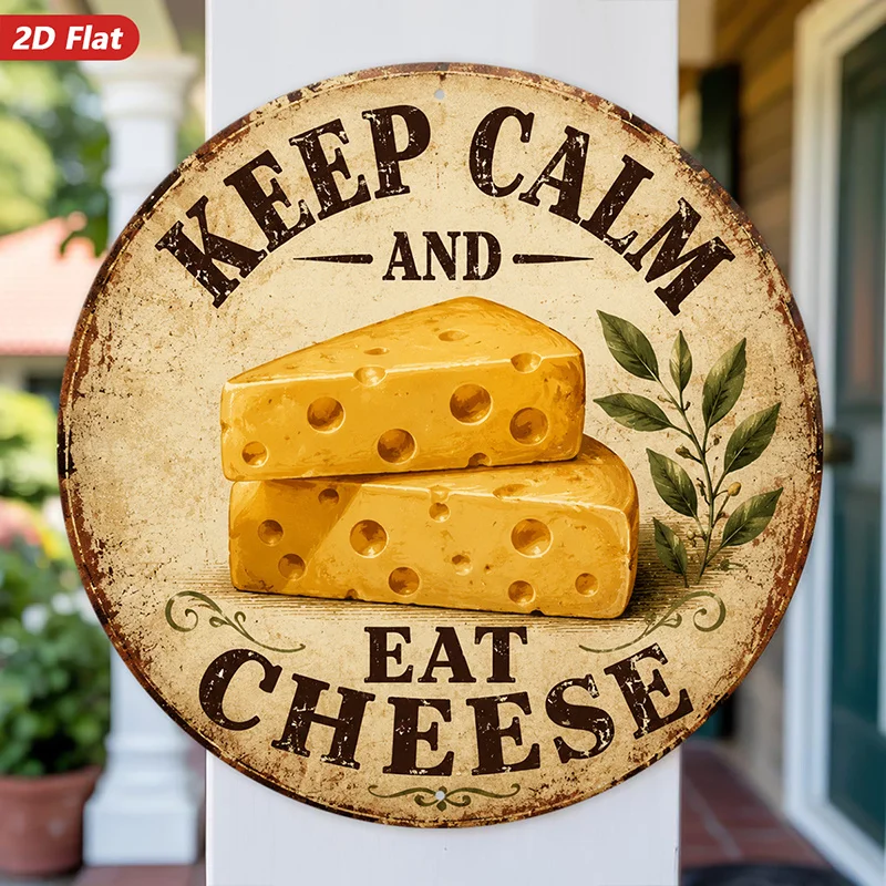2D Flat, 1pc Cheese Humor Round Metal Sign Wall Art, Keep Calm And Eat Cheese, Swiss Cheese Wedges, Home Decor, Stacked Cheese B