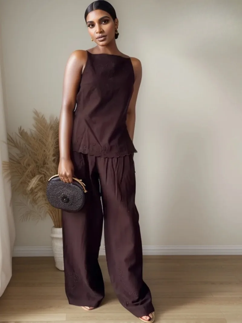 

Fashion Vintage Pants Suits 2025 Summer New Women's Backless Embroidered Open Back Tops Straight Pants Women Two-piece Sets