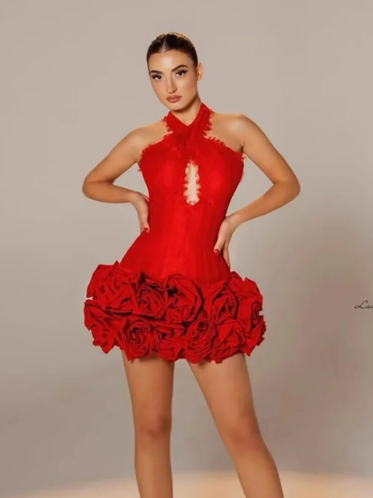 

2025 New Women Celebrity Sexy Sleeveless Halter 3D Flowers Red Summer Bodycon Bandage Dress Elegant Evening Club Party Dress