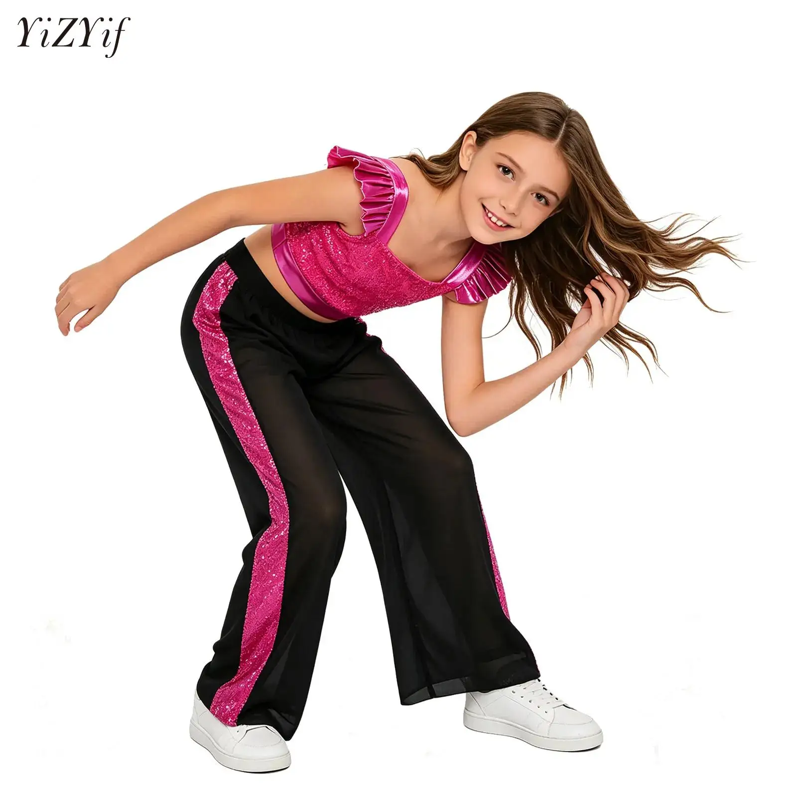 

Rhinestones Rhythmic Gymnastic Jersey Figure Skating Jazz Ballet Unitards Jumpsuit for Kids Girls Glittery Sequins Crop Top+Pant