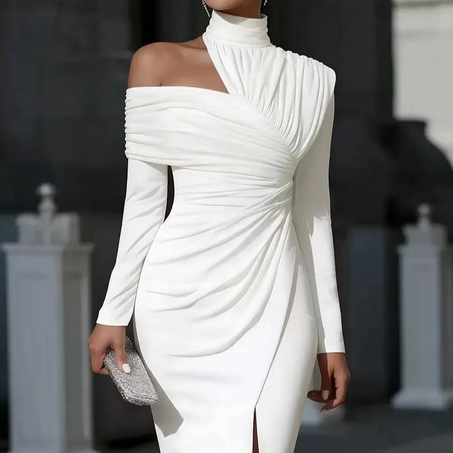 Casual a Line Gown Straight Cut Commuter Chic with Elegant Mid Waist Ruched Long Sleeve Mock Neck Spring Women Casual Dresses