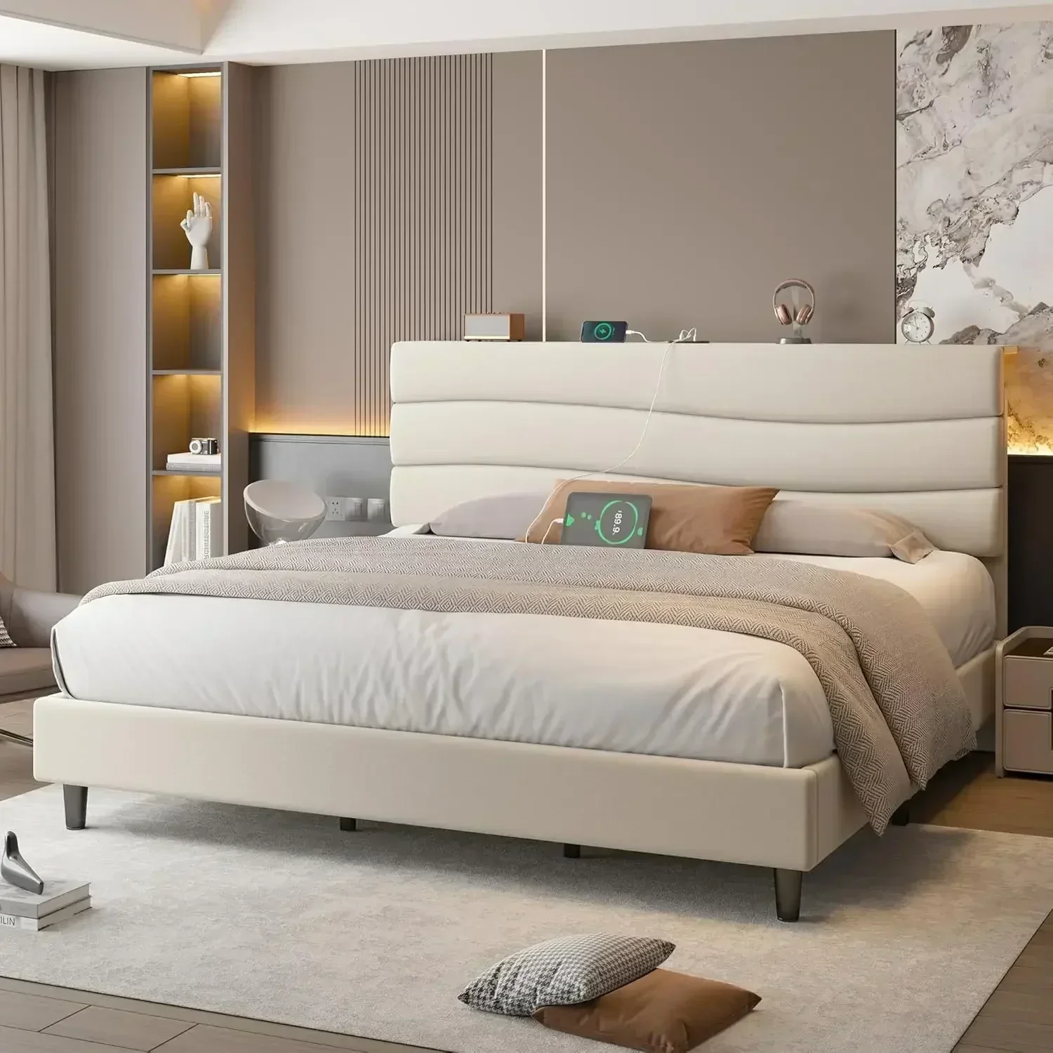 [Limited Time Offer, Today Only!]King Size Bed Frame with Fabric Upholstered Headboard, King Bed Frame with Storage Headboard an