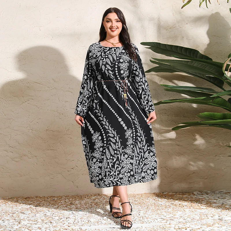 

Hot-selling in the Middle East, elegant temperament, human cotton large size dress, loose long-sleeved long dress, fashionable a