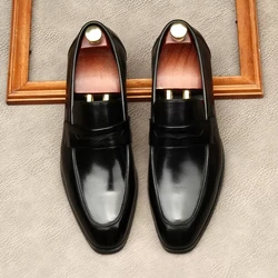 HNXC Men Italian Dress Shoes Genuine Leather Office Casual Oxford Elegant Wedding Square Head Black Formal Loafers Shoes Men