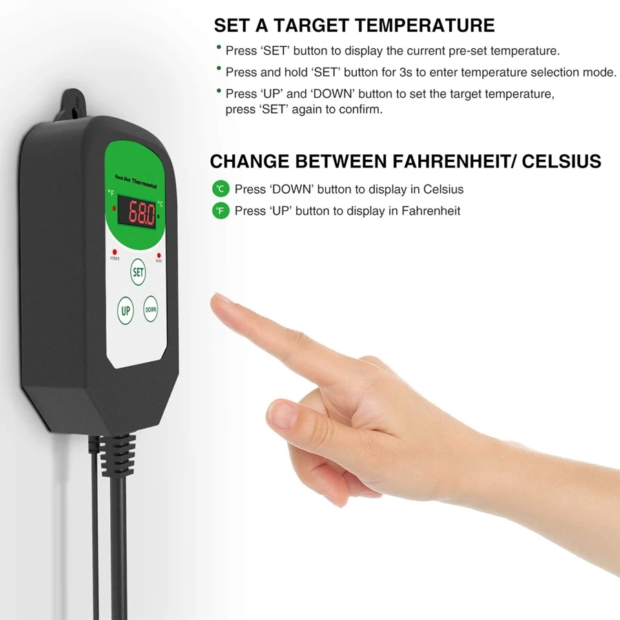 Settable Temperature Controller, Thermostat for Greenhouse Plants Germination, Reptiles Brewing, Digital, 68-108F