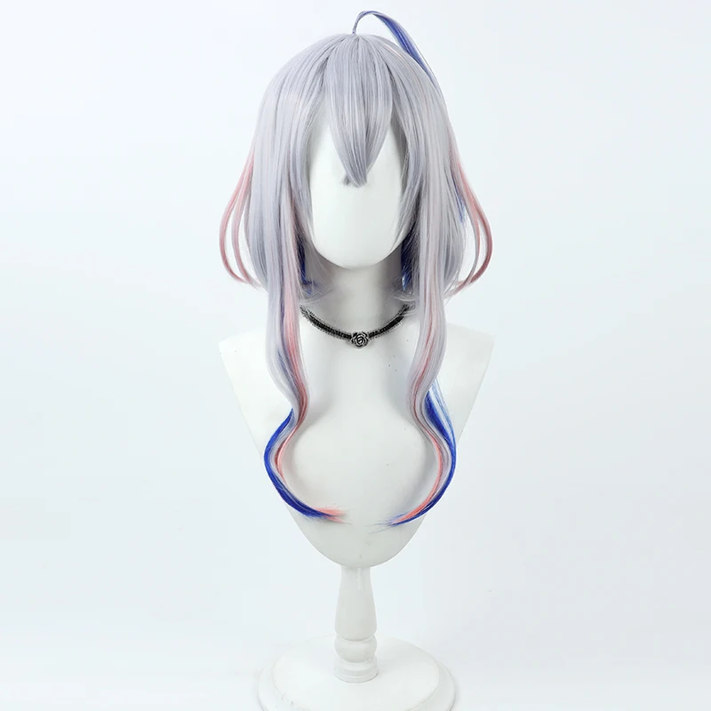 Amane Kanata Cosplay Wig Vtuber Silver Blue Pink Mixed 55cm Heat Resistant Synthetic Hair Halloween Role Play + Free Wig Cap